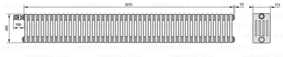 Схема (чертеж) Радиатор Zehnder Charleston 5026/45 №V011 Белый глянцевый RAL 9016